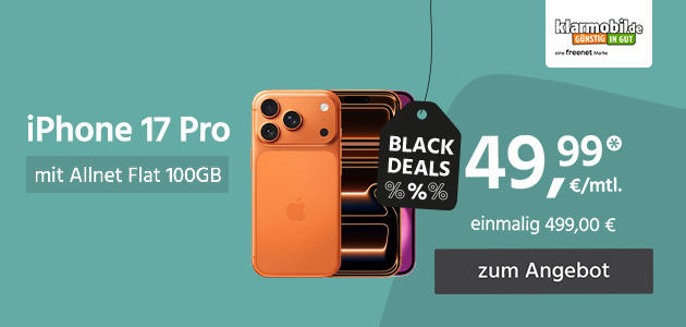 iPhone 17 Pro mit Allnet Flat 70GB 5G für einmalig 499,00€ und monatlich 49,99€ 