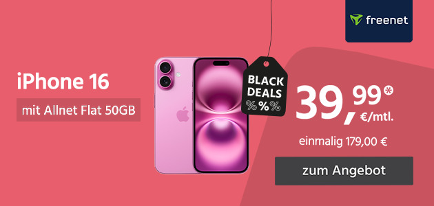 Apple iPhone 16 mit Allnet Flat 50GB 5G für einmalig 199€ und monatlich 39,99€