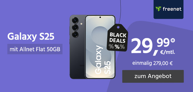 Galaxy S25 mit Allnet Flat 50GB 5G für einmalig 279€ und monatlich 29,99€