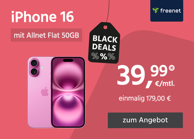 Apple iPhone 16 mit Allnet Flat 50GB 5G für einmalig 179€ und monatlich 39,99€