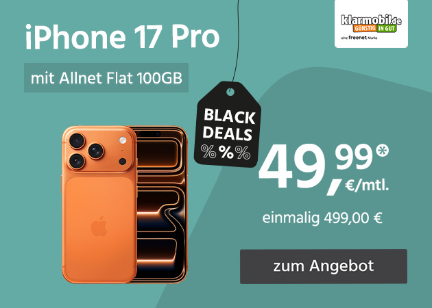 Apple iPhone 17 Pro mit Allnet Flat 100GB für einmalig 499,00€ und monatlich 49,99€ 