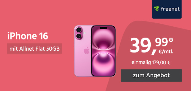 Apple iPhone 16 mit Allnet Flat 50GB 5G für einmalig 199€ und monatlich 39,99€