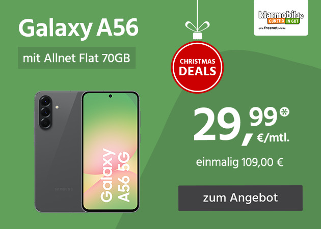 Samsung Galaxy A56 mit Allnet Flat 70GB 5G für einmalig 109,00€ und monatlich 29,99€