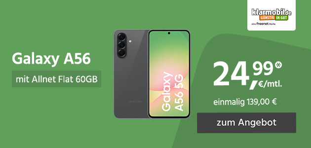 Samsung Galaxy A56 mit Allnet Flat 60GB 5G für einmalig 139,00€ und monatlich 24,99€ 