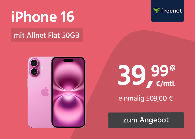 Apple iPhone 16 mit Allnet Flat 50GB 5G für einmalig 509€ und monatlich 39,99€