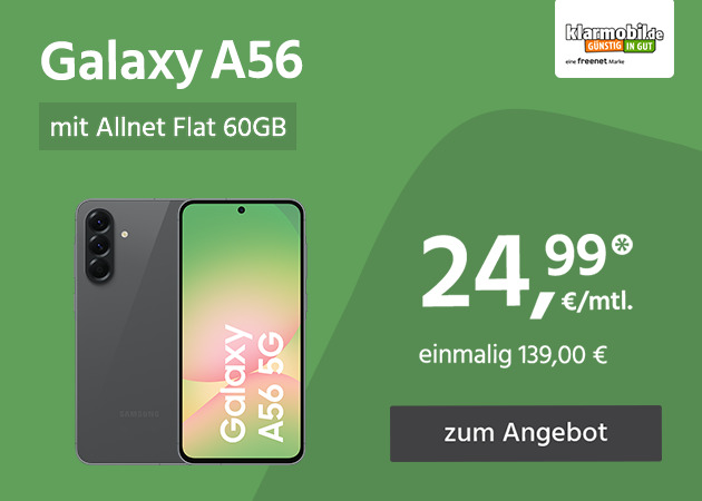 Samsung Galaxy A56 mit Allnet Flat 60GB 5G für einmalig 139,00€ und monatlich 24,99€
