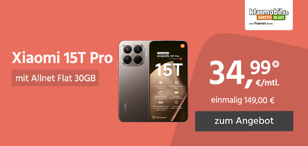 Xiaomi 15T Pro mit Allnet Flat 30GB für einmalig 149,00€ und monatlich 34,99€