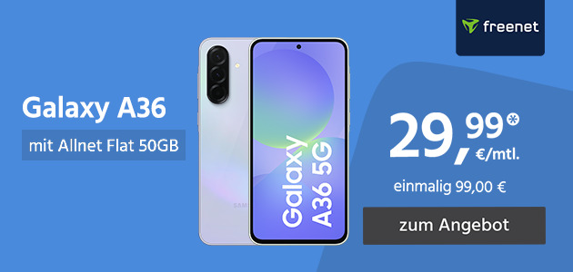 Samsung Galaxy A36 mit Allnet Flat 50GB für einmalig 99,00€ und monatlich 29,99€