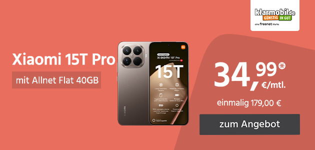 Xiaomi 15T Pro mit Allnet Flat 40GB für einmalig 149,00€ und monatlich 34,99€