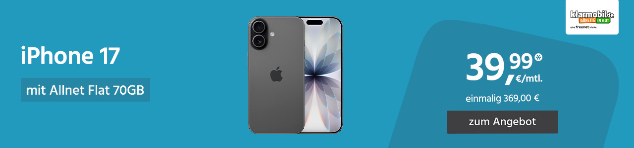Apple iPhone 17 mit Allnet Flat 70GB 5G für einmalig 369,00€ und monatlich 39,99€