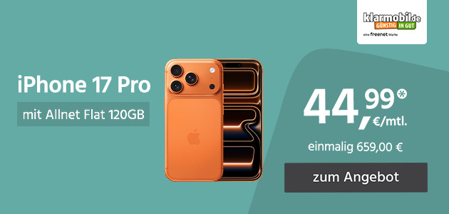 iPhone 17 Pro mit Allnet Flat 120GB 5G für einmalig 659,00€ und monatlich 44,99€ 