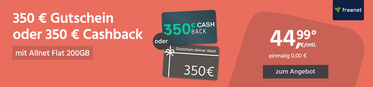 Allnet Flat 200GB mit 350€ Gutschein oder Cashback für einmalig 0,00€ und monatlich 44,99€