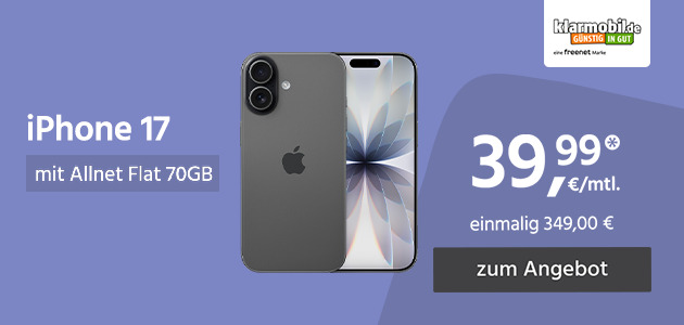 Apple iPhone 17 mit Allnet Flat 70GB 5G für einmalig 349€ und monatlich 39,99€