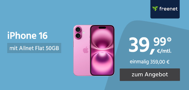 Apple iPhone 16 mit Allnet Flat 50GB 5G für einmalig 359€ und monatlich 39,99€