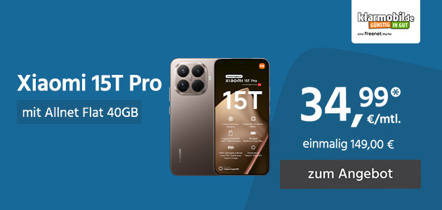 Xiaomi 15T Pro mit Allnet Flat 40GB für einmalig 149,00€ und monatlich 34,99€