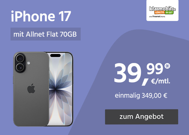 Apple iPhone 17 mit Allnet Flat 100GB für einmalig 349,00€ und monatlich 39,99€