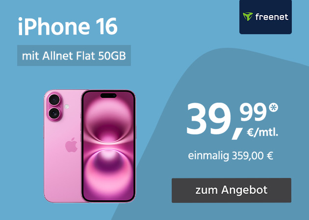 Apple iPhone 16 mit Allnet Flat 50GB 5G für einmalig 359€ und monatlich 39,99€