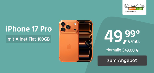 iPhone 17 Pro mit Allnet Flat 120GB 5G für einmalig 549,00€ und monatlich 49,99€ 