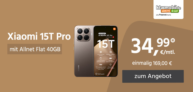 Xiaomi 15T Pro mit Allnet Flat 40GB für einmalig 169,00€ und monatlich 34,99€