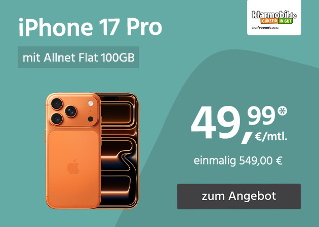 Apple iPhone 17 Pro mit Allnet Flat 120GB für einmalig 549,00€ und monatlich 49,99€