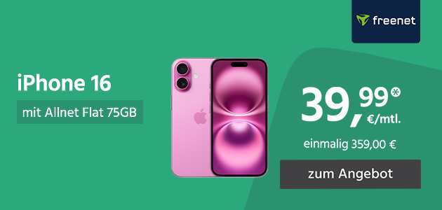 Apple iPhone 16 mit Allnet Flat 75GB 5G für einmalig 359€ und monatlich 39,99€