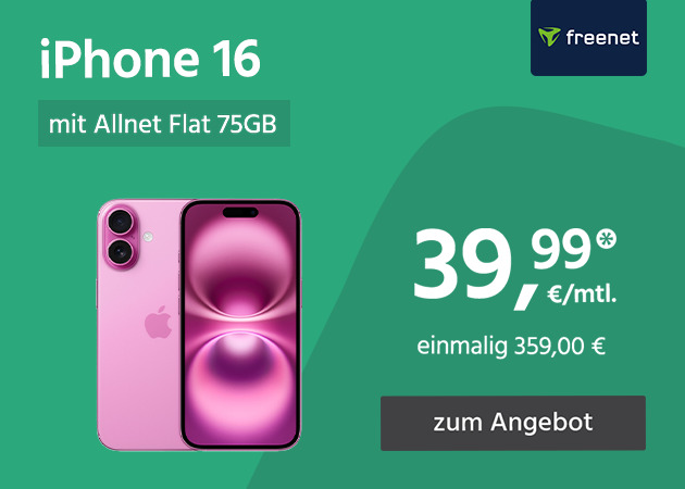 Apple iPhone 16 mit Allnet Flat 75GB 5G für einmalig 359€ und monatlich 39,99€