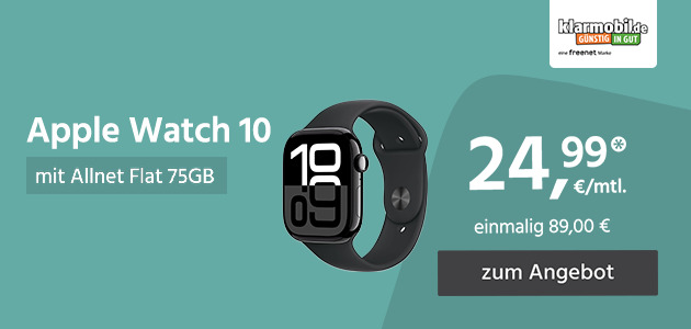 Allnet Flat 75GB mit Apple Watch Series 10 für einmalig 89,00€ und monatlich 24,99€.