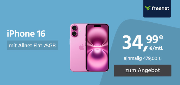 Apple iPhone 16 mit Allnet Flat 75GB 5G für einmalig 479€ und monatlich 34,99€