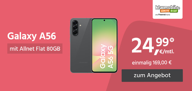 Samsung Galaxy A56 mit Allnet Flat 60GB 5G für einmalig 169,00€ und monatlich 24,99€ 