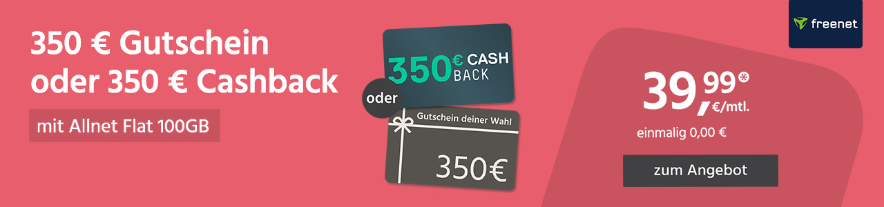 Allnet Flat 100GB mit 350€ Gutschein oder Cashback für einmalig 0,00€ und monatlich 44,99€
