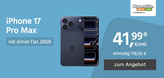 Apple iPhone 17 Pro Max 256GB mit Allnet Flat 20GB für einmalig 719,00€ und monatlich 21,99€ 