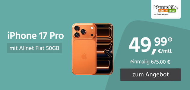 iPhone 17 Pro mit Allnet Flat 50GB 5G für einmalig 675,00€ und monatlich 39,99€ 