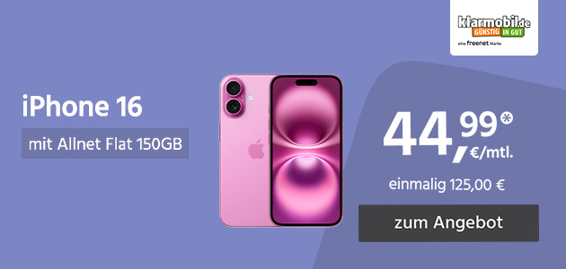 Apple iPhone 16 128GB mit Allnet Flat 75GB 5G für einmalig 125,00€ und monatlich 44,99€