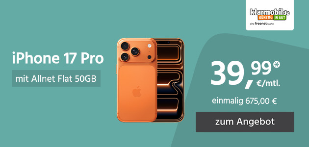 iPhone 17 Pro mit Allnet Flat 50GB 5G für einmalig 675,00€ und monatlich 39,99€ 