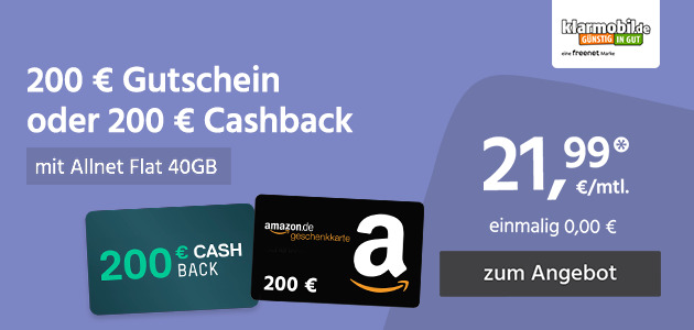 Allnet Flat 40GB mit 200 € Cashback oder Gutschein für einmalig 0,00€ und monatlich 21,99€