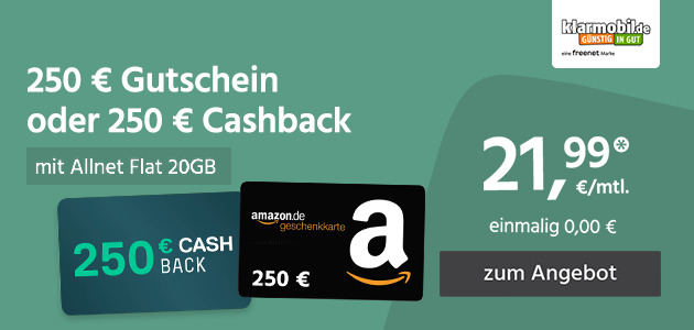 Allnet Flat 20GB mit 250 € Cashback oder Gutschein für einmalig 0,00€ und monatlich 21,99€