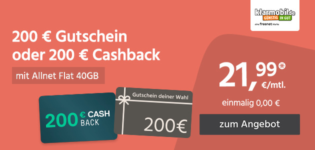 Allnet Flat 40GB mit 200 € Cashback oder Gutschein für einmalig 0,00€ und monatlich 21,99€