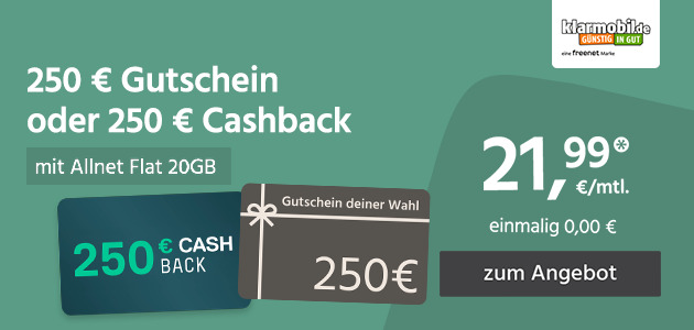Allnet Flat 20GB mit 250 € Cashback oder Gutschein für einmalig 0,00€ und monatlich 21,99€