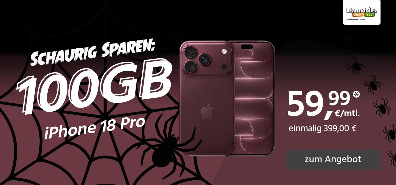 iPhone 18 Pro 256 GB mit Allnet Flat 100 GB für 329 Euro einmalig und 59,99 Euro monatlich