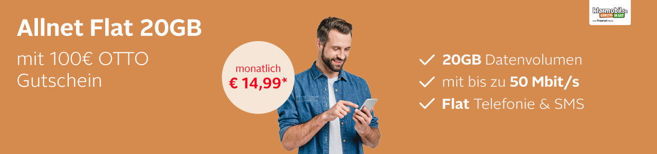 Allnet Flat 20GB mit 100€ OTTO Gutschein für nur 14,99 Euro monatlich