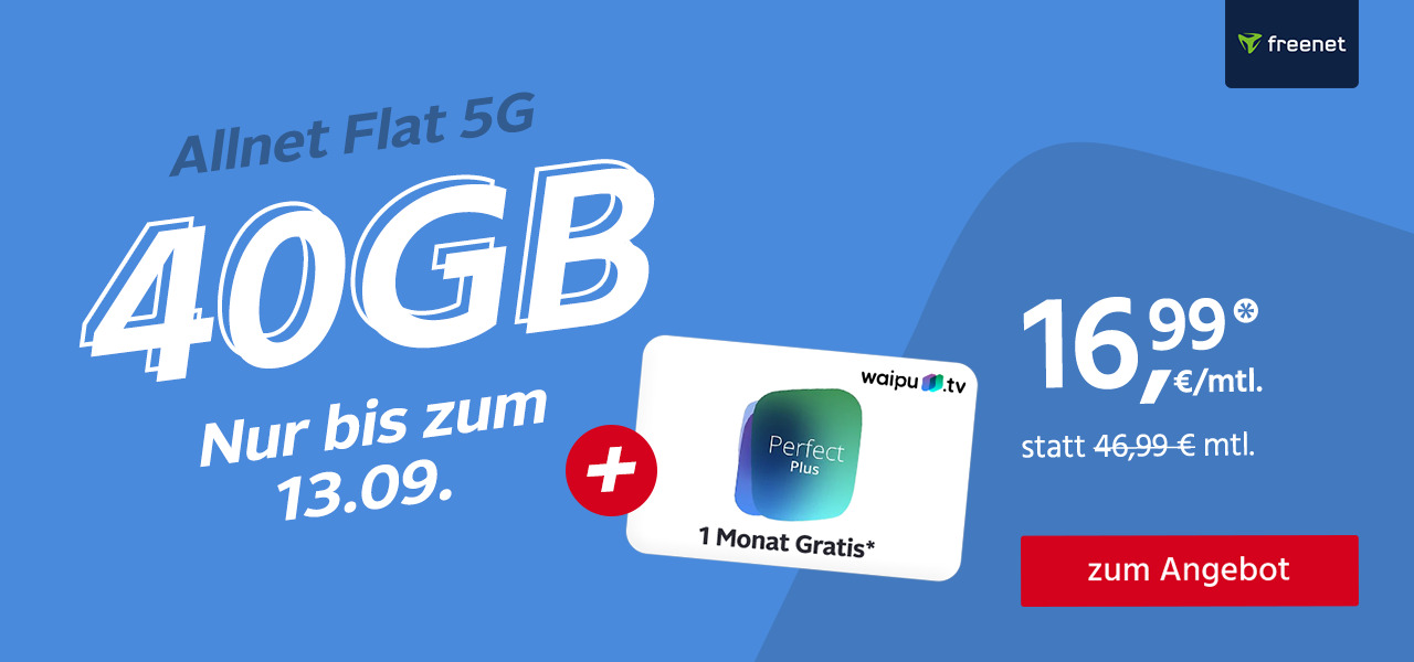 Allnet Flat 40 GB 5G inklusive 30 Euro monatlichem Rabatt für nur 16,99 Euro im Monat