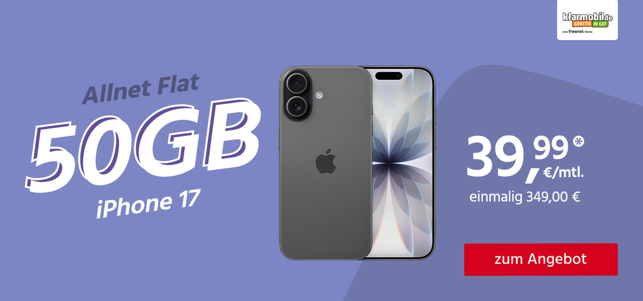 Allnet Flat 50 GB 5G mitApple iPhone 17 für 349,00€ einmalig und monatlich 39,99€