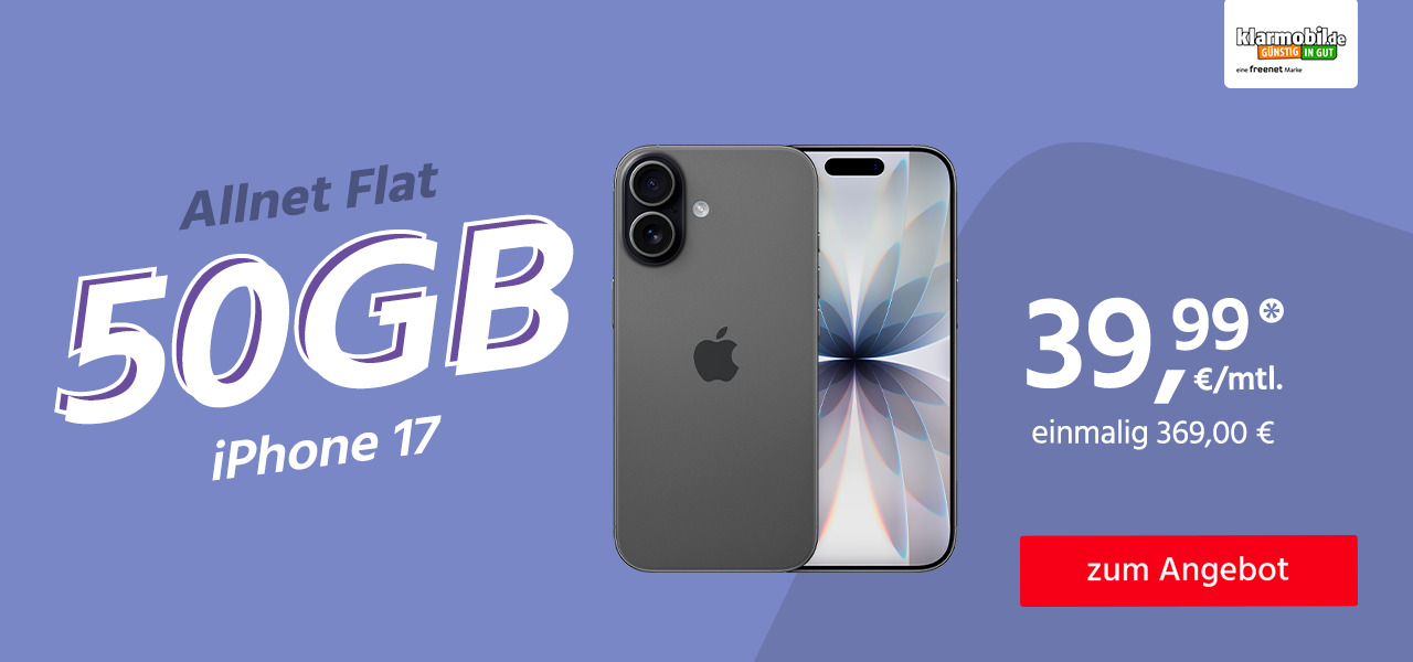 Allnet Flat 50 GB 5G mit Apple iPhone 17 für 369,00€  einmalig und monatlich 39,99€