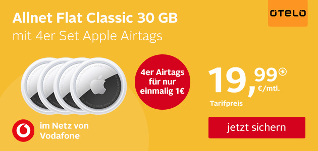 otelo Allnet Flat Classic 30GB im Vodafone Netz mit 4 Airtags
