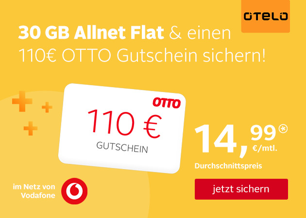 otelo Tarif mit 30GB im Vodafone Netz und gratis 110€ Otto Gutschein