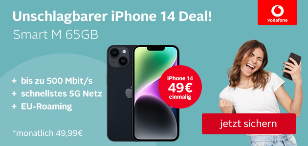 Vodafone Smart M 5G Aktion mit iPhone 14 für einmalig 49€