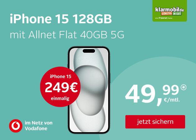 iPhone 15 mit Allnet Flat 40GB 5G für einmalig 249€ und monatlich 49,99€