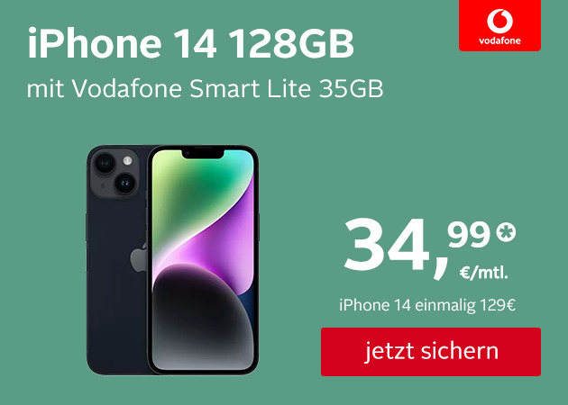 IPhone 14 128GB Vodafone Smart Lite 35GB 34,99€ mtl und einmalig nur 129€