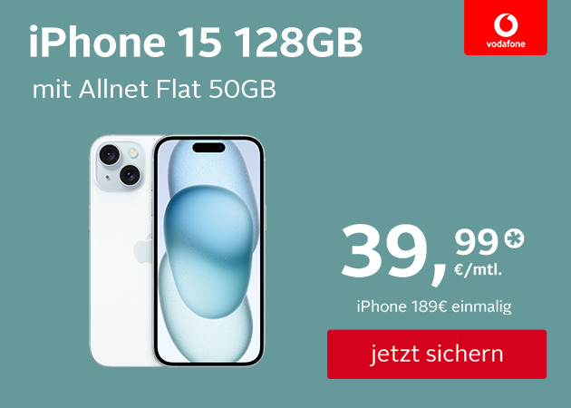 iPhone 15 mit Vodafone Smart S 50GB 5G für einmalig 189€ und monatlich 39,99€