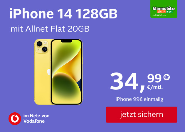 iPhone 14 128GB Vodafone Allnet Flat 20 GB für 34,99€ mtl. und einmalig nur 99€